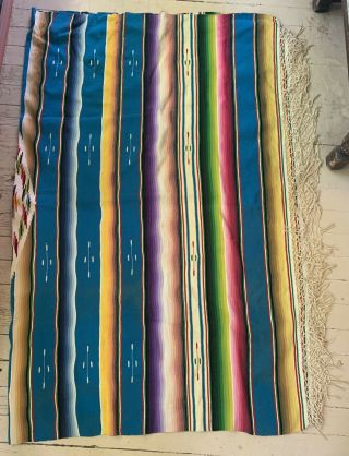 Vtg Mexican SALTILLO Serape BLANKET Rug WEAVING Blue 82 X 62 8