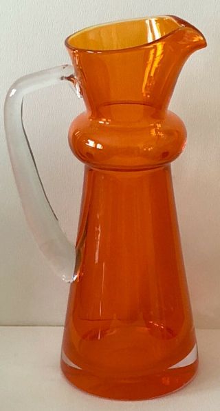 Vintage Blenko Mid Century Modern Art Orange Glass Applied Handled Water Pitcher