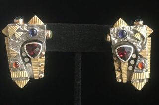 Rare Fine Signed Modernist Artisan Rishar Sterling 14k Gemstone Earrings $1250