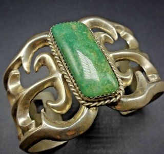 Vintage Navajo Sand Cast Sterling Silver & Manassa Turquoise Cuff Bracelet 81.  5g