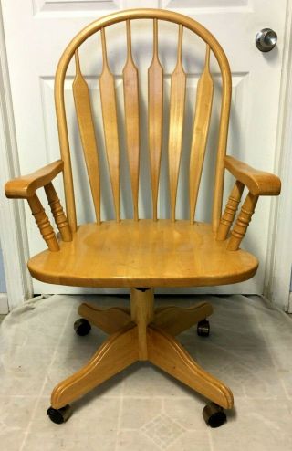 Vintage Solid Wood Swivel Bankers Lawyer Office Desk Windsor Arm Chair -