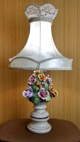 Capodimonte Porcelain Rose Flower Table Lamp Antique Rare Italian Benrose Marble