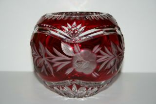 Vintage Bohemian Ruby Red Cut To Clear Crystal Rose Bowl With Flowers & Leaves