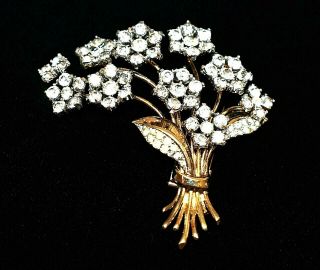 Vintage Crown Trifari Sterling & Rhinestone Flower Bouquet Fur Clip Brooch