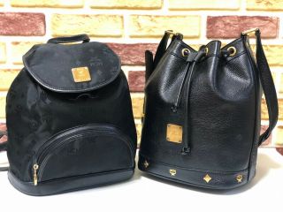 100 Authentic Mcm Canvas Black Vintage Backpack & Leather Drawstring 2 Set Bags