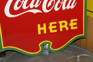 RARE 1930s DRINK COCA COLA HERE 2 - SIDED PORCELAIN METAL SIGN GREEN RED YELLOW 66 10