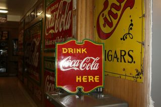 Rare 1930s Drink Coca Cola Here 2 - Sided Porcelain Metal Sign Green Red Yellow 66