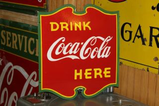 RARE 1930s DRINK COCA COLA HERE 2 - SIDED PORCELAIN METAL SIGN GREEN RED YELLOW 66 2