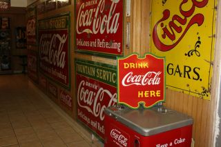 RARE 1930s DRINK COCA COLA HERE 2 - SIDED PORCELAIN METAL SIGN GREEN RED YELLOW 66 3