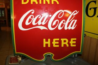 RARE 1930s DRINK COCA COLA HERE 2 - SIDED PORCELAIN METAL SIGN GREEN RED YELLOW 66 7