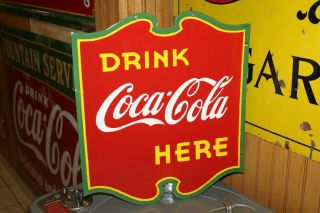 RARE 1930s DRINK COCA COLA HERE 2 - SIDED PORCELAIN METAL SIGN GREEN RED YELLOW 66 8