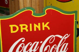 RARE 1930s DRINK COCA COLA HERE 2 - SIDED PORCELAIN METAL SIGN GREEN RED YELLOW 66 9