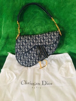 Authentic Vintage Christian Dior Blue Monogram Saddle Handbag With Gold Hardware