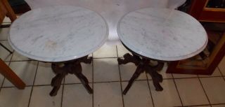 Solid Walnut Victorian Marble Top End Tables / Side Tables (t863)