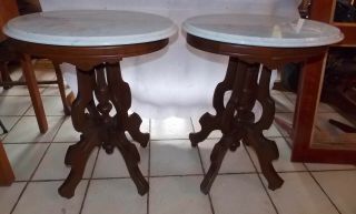 Solid Walnut Victorian Marble Top End Tables / Side Tables (T863) 2