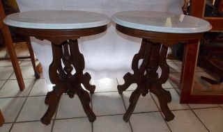 Solid Walnut Victorian Marble Top End Tables / Side Tables (T863) 4