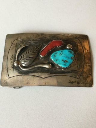 Navajo Turquoise & Coral 925 Sterling Silver Vintage Belt Buckle 46g Signed Dfg