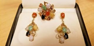 14k Gold Unique Rare Flower Muti Gem Vintage Ring Earrings Coral Agate Opal Jade