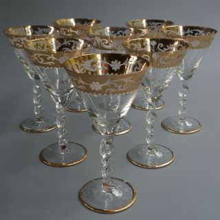 8 Vtg French Baroque Gold Encrusted Hand Etched Crystal Twisted Stem Wine Glass