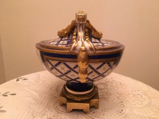 French Sevres Royal Blue & Gold Gilt Porcelain Centerpiece Urn Marked 6