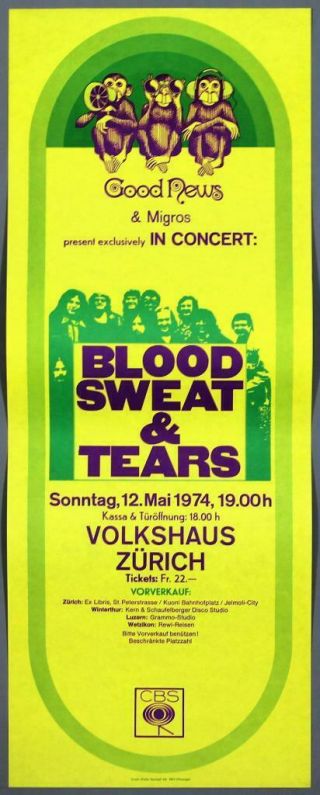 Blood,  Sweat And Tears - Mega Rare Vintage Zürich 1974 Concert Poster