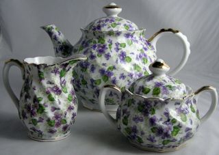 Vintage Lefton China Violet Chintz Flowers Tea Pot Sugar & Creamer