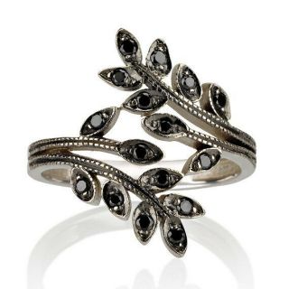 Vintage 14k White Gold Black Diamond Over Silver Leaf Ring