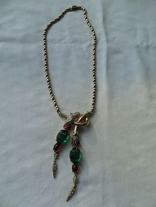 Rare Vintage Alfred Phillipe Crown Trifari Necklace Faux Melon Emerald & Ruby Gc