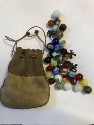 Antique Vintage Marbles Leather Bag And Jacks 36 Total