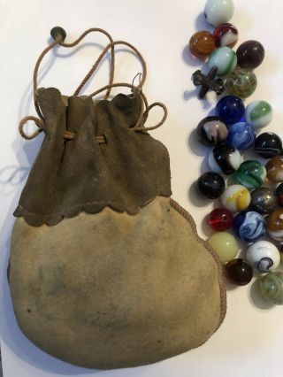 Antique Vintage Marbles Leather Bag And Jacks 36 Total 6