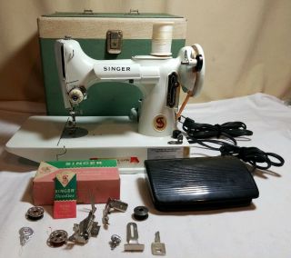 Vintage Singer White 221k Featherweight Sewing Machine And Key,  More