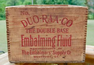 Vintage Duo - Raa - Co Mortuary Embalming Fluid Wood Crate Box - Dovetail Joints