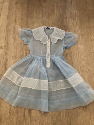 Vintage 1950’s Girls Ruffle Party Dress Lace Collar Sheer Full Skirt Blue