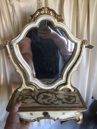 Antique Shabby Vtg Chic Italian Florentine Gold Gilt Tole Wood Vanity Mirror