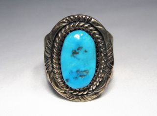 Estate Vintage Navajo T.  Benally Signed Turquoise Mens Sterling Ring C1765
