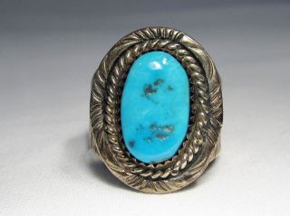ESTATE Vintage Navajo T.  Benally Signed Turquoise Mens Sterling Ring C1765 2
