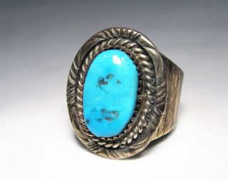 ESTATE Vintage Navajo T.  Benally Signed Turquoise Mens Sterling Ring C1765 7