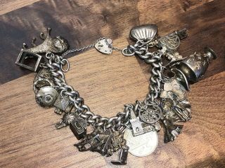 Fantastic Vintage Chunky Solid Silver Charm Bracelet Full Of Various Charms 130g