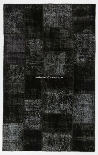Black - Charcoal Gray Color Patchwork Rug Handmade From Overdyed Vintage Carpets