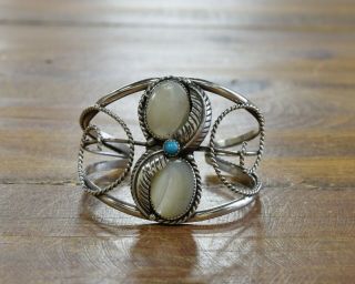 Vintage Sterling Silver Mother Of Pearl And Turquoise Cuff Bracelet