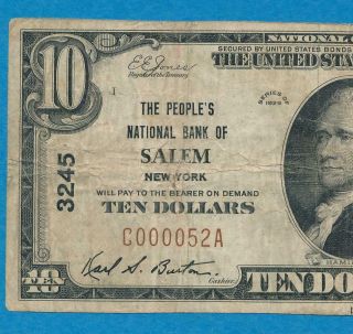 $10.  1929 Rare The Peoples National Bank Of Salem York Charter 3245