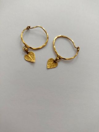 Vintage 21k Solid Yellow Gold Hoop Earrings With Leaf Charm