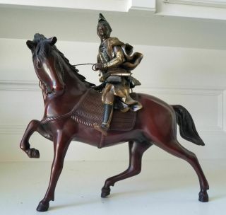 Fine Antique Japanese Gilt Bronze Warrior On Horse Meiji Period Signed