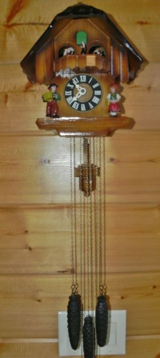Vintage Black Forest Cuckoo Clock CUENDET Musical Chalet Dancing Girls Germany 3