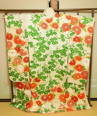 Furisode Silk Kimono Women Japanese Vintage Robe Cream Flower 154cm /731