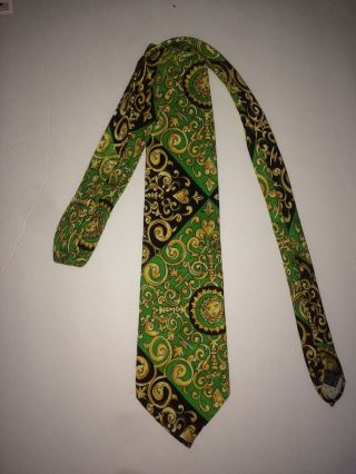 Vintage Gianni Versace Silk Tie Green And Black With Gold Pattern