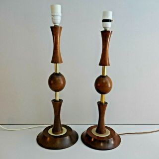 Rare Tall Mid Century Modernist Teak & Brass Table Lamps.  Vintage 1960s
