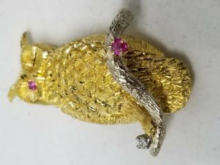 18k Solid Gold Antique Diamond,  Ruby Owl Broach Pin Collectible Not Scrap