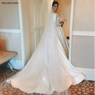 Simple Vintage White Ivory A - line Wedding Dresses Long Sleeves Satin Bridal Gown 2