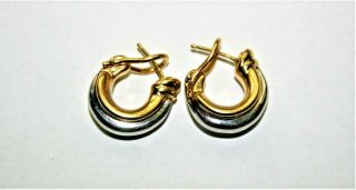 Vintage Signed Hms Solid 14k Yellow / White Gold Hoop Earrings Omega Backs,  3.  7g